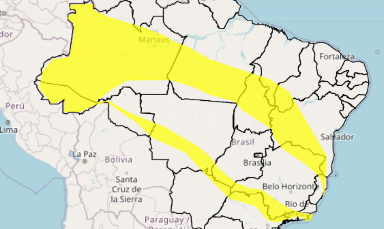 a imagem mostra as áreas em alerta amarelo para chuva intensa, ventos e raios nas regiões brasileiras